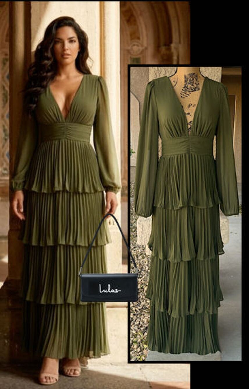 Lulus Olive Green Pleated Long Sleeve Graceful Finesse Maxi Dress Size: xL